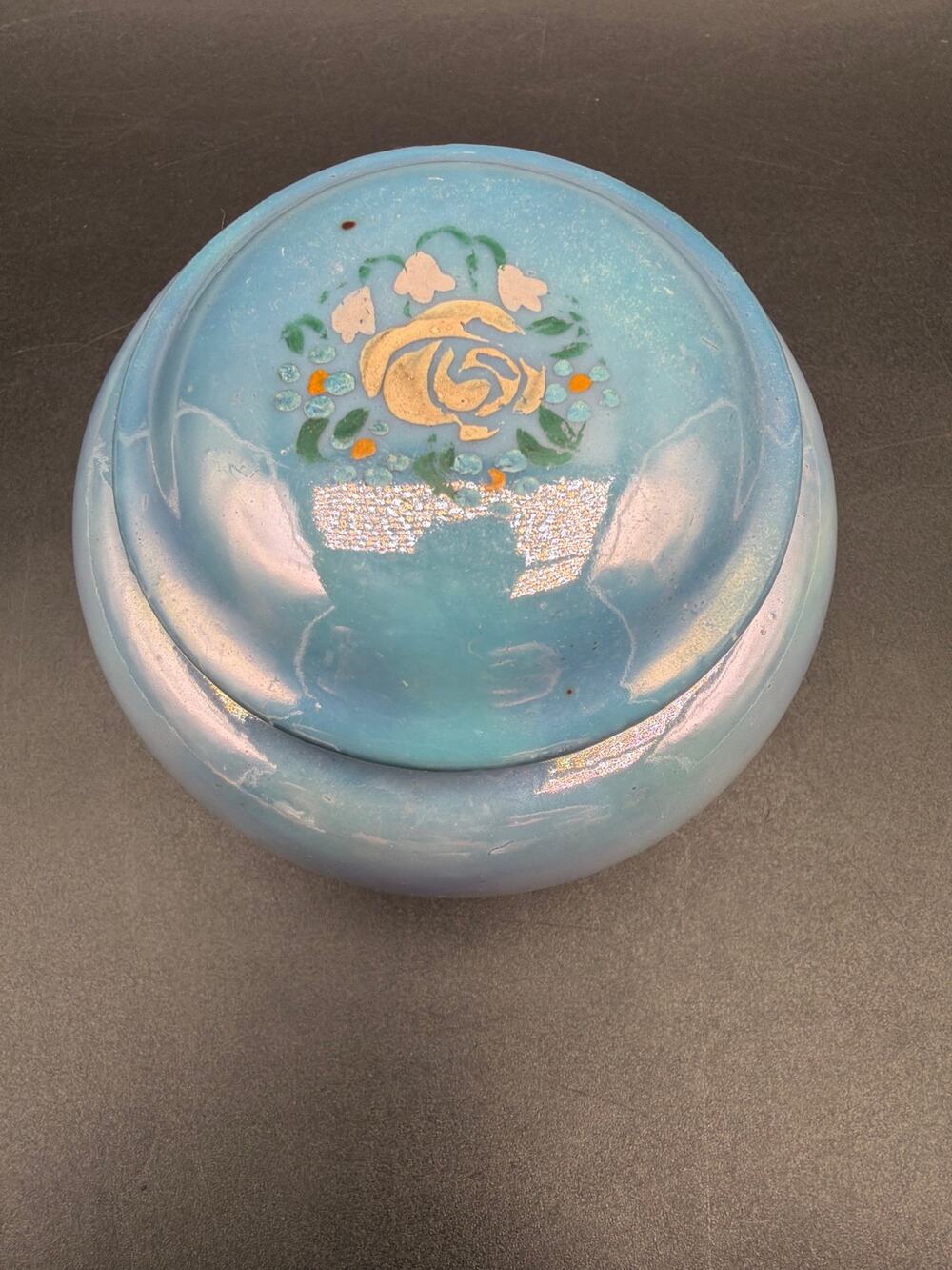 Vintage Shofu Japan Blue Iridescent Lustreware Lidded Trinket jewelry Box Floral
